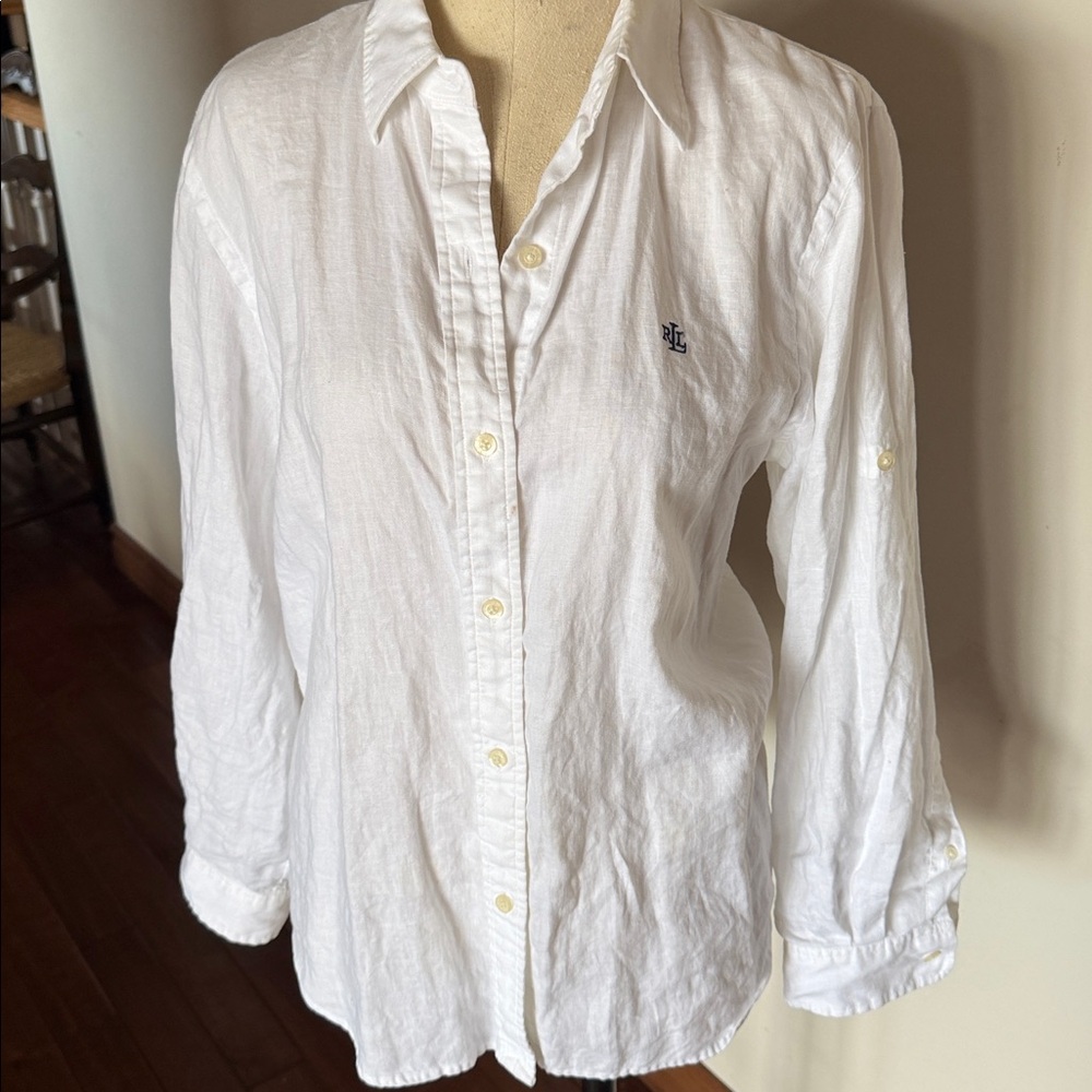 Ralph Lauren Classic White womens Button-Up Linen Shirt. Sz Large